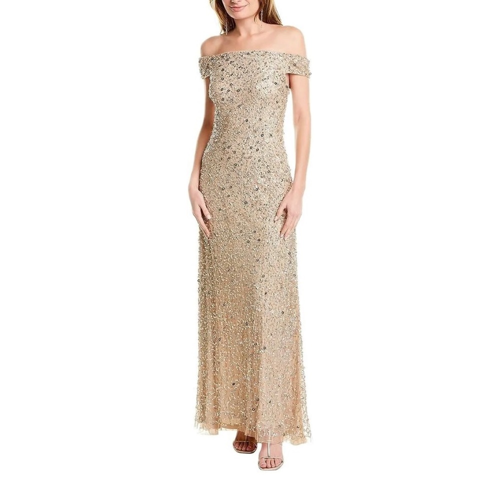 Adrianna Papell Off the Shoulder Sequin Beaded Champagne Gown